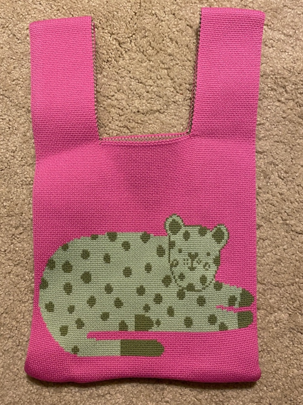 Mini Woven Lunch/Shopping Bag-Pink with Green Spotted Cat-New